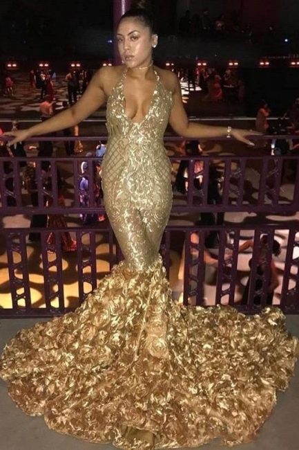 Sexy Gold V-Neck Mermaid Prom Dresses | Halter Evening Gown With Rose Flowers Train