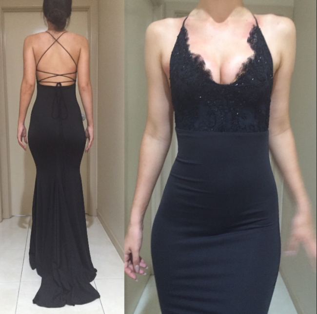 Mermaid Spaghetti-Straps Appliques Lace Sexy Black Evening Dress BA4216