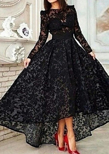 Vestido Black Hi-lo Long Sleeves Prom Dresses Sheer Lace Evening Gowns