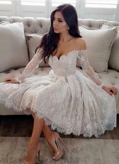 Sext Lace A-Line Homecoming Dresses | Off-The-Shoulder Long Sleeves Short Cocktail Dresses