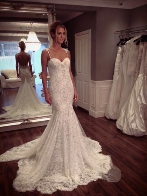 Spaghettis Straps Lace Backless Mermaid Wedding Dresses with Alluring Court Train