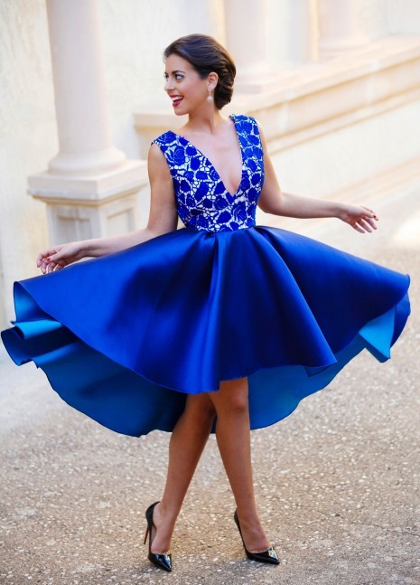 Royal Blue Cocktail Dresses Deep V Neck Lace Satin Hi-lo Knee Length Homecoming Dresses