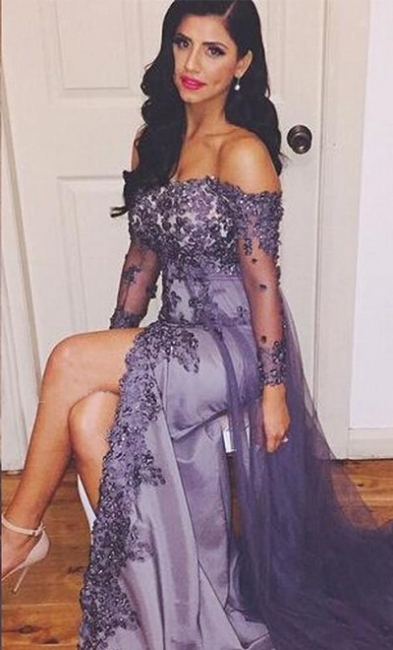 Lace Appliques Tulle Long-Sleeve Split Off-the-shoulder Prom Dress