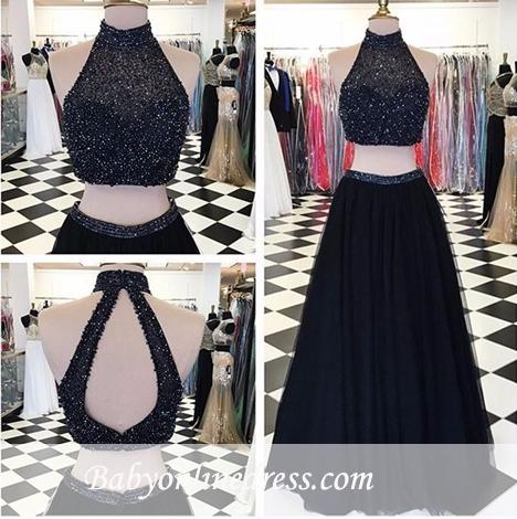 2018 Two-Piece Black Long High-Neck A-line Prom Dresses with Beadings