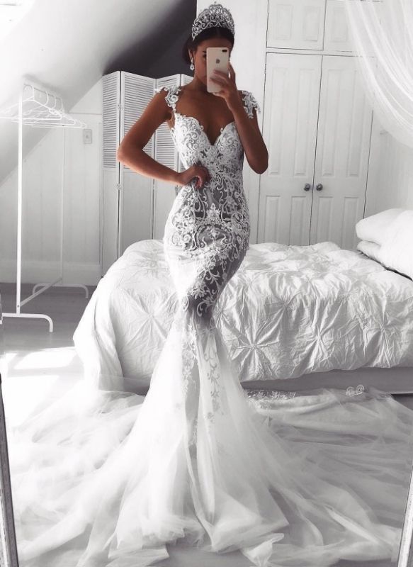 Sexy Lace Mermaid Wedding Dresses | See-Through Cap Sleeves Tulle Bridal Gowns