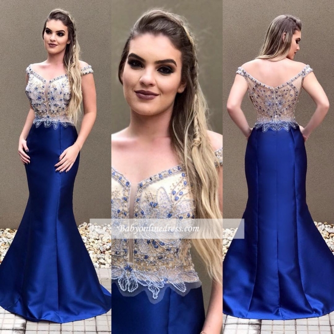 Zipper Blue Off-the-Shoulder Sexy Crystal Prom Dress