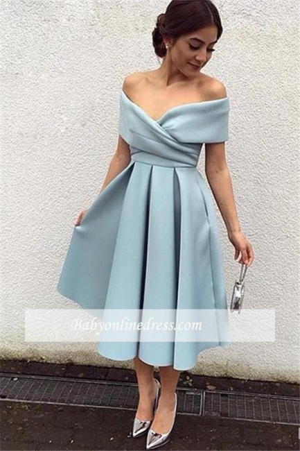 Baby Blue Satin Prom Dress Tea Length Off-the-shoulder Evening Dresses