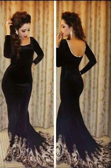 Black Velvet Arabic Mermaid Evening Gowns Long Sleeves Lace Applique Prom Dresses