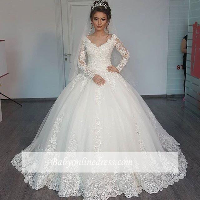 Elegant Lace Ball Gown Wedding Dresses | Long Sleeves V-Neck Bridal Gowns