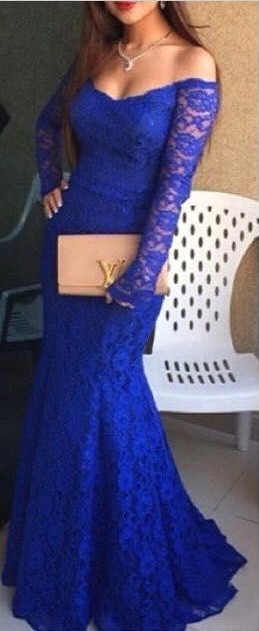 Royal Blue Mermaid Prom Dresses Lace Off the Shoulder Long Sleeves Formal Evening Gowns