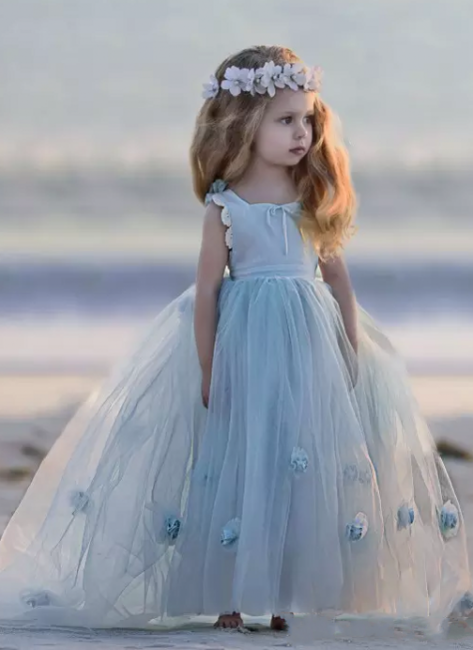Romantic Princess Flower Girl's Dresses | Light Sky Blue Ball Gown Long Girl's Party Dress