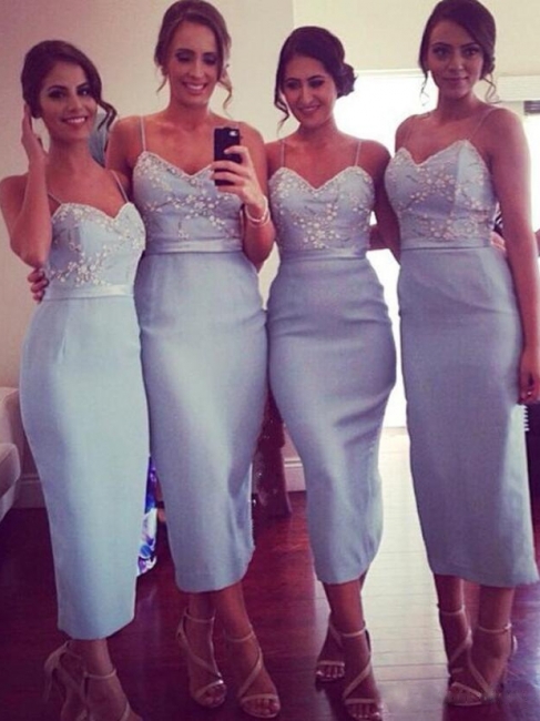 Elegant Sheath Bridesmaid Dresses | Spaghetti Straps Appliques Beaded Tea Length Prom Dresses