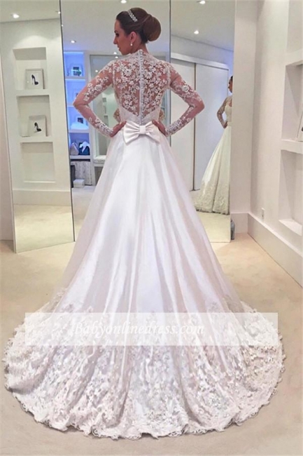 Appliques A-Line Long-Sleeves Bridal Gowns Sweep Train Bowknot Wedding Dresses