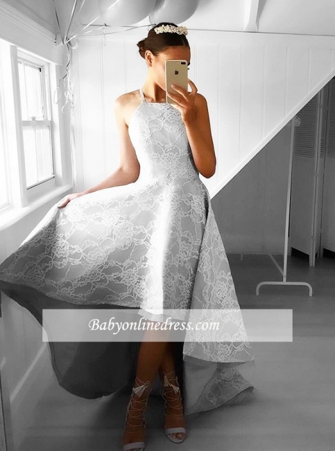 A-line Lace Hi-Lo Halter Sleeveless Elegant Prom Dresses