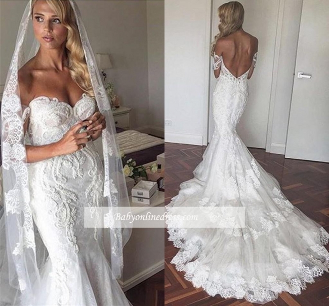 Elegant Off-the-Shoulder Backless Mermaid Wedding Dresses | Tulle Appliques Tiered Bridal Gowns