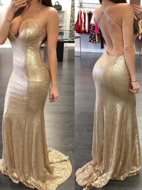 Sequins Mermaid Prom Dresses Sweetheart Spaghettis Straps Backless Alluring Evening Gowns