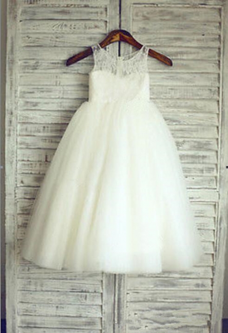 White A-Line Tulle Flower Girl Dresses Lace Sleeveless Party Gowns