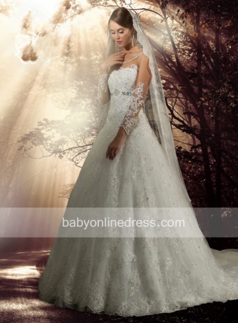 Long Sleeve Appliques Beadings Princess Bridal Gowns Court Train Modest Wedding Dresses