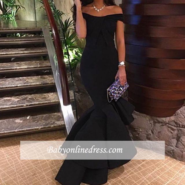 Black Off-the-Shoulder Mermaid Evening Gowns 2018 Hi-Lo Tiered Prom Dress BA4619