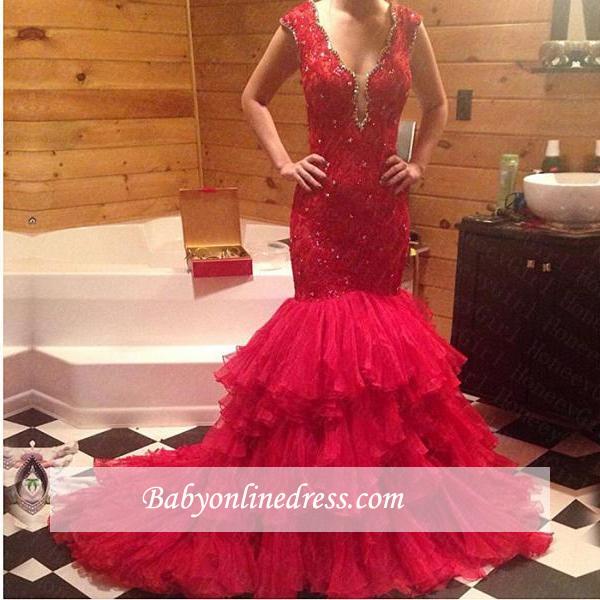 Red Mermaid Tiered V-Neck Prom Dress 2018 Sleeveless Evening Gowns with Beadings