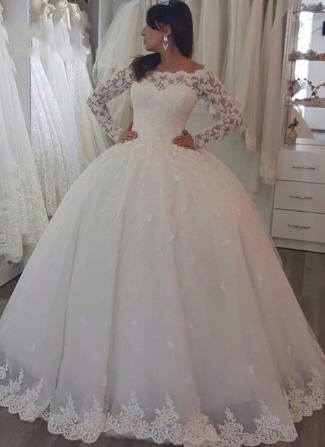Luxury Lace Ball Gown Wedding Dresses | Off-The-Shoulder Long Sleeves Tulle Bridal Gowns