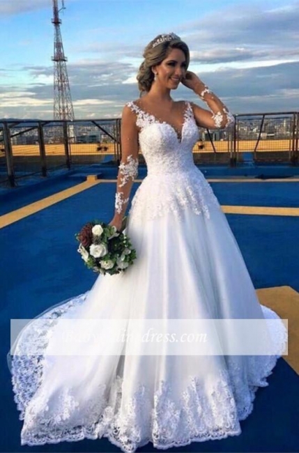 Long-Sleeve V-Neck Appliques A-Line Elegant Lace Wedding Dresses