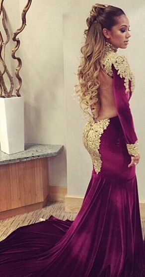 Mermaid Prom Dresses High Neck Long Sleeves Gold Appliques Velvet Long Evening Gowns