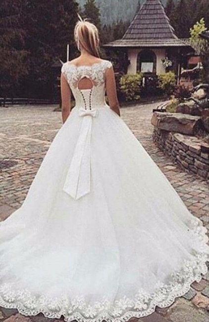 Capped-Sleeves Bow Back Lace-Up Ball Gown Wedding Dresses