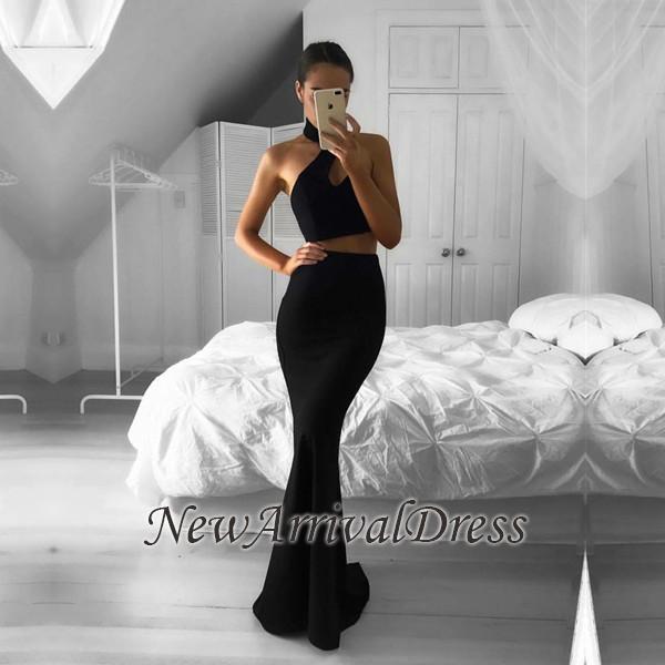 Newest Mermaid Black Two-Piece Prom Dress 2018 Halter Sleeveless Evening Gowns