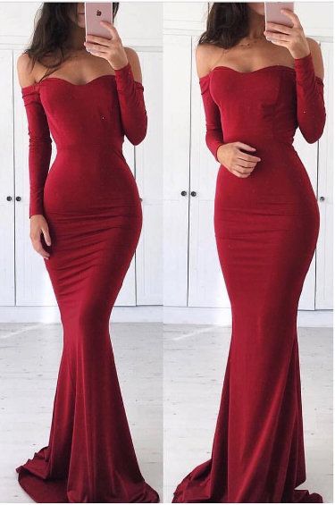 Fashion Red Sweetheart Long Sleeve Prom Dresses | Off The Shoulder Mermaid Party Dresses