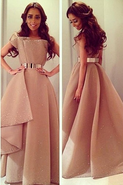 A-line Prom Dresses Beaded Ruffles Train with Gold Metal Belt Arabic Dresses Evening Gowns