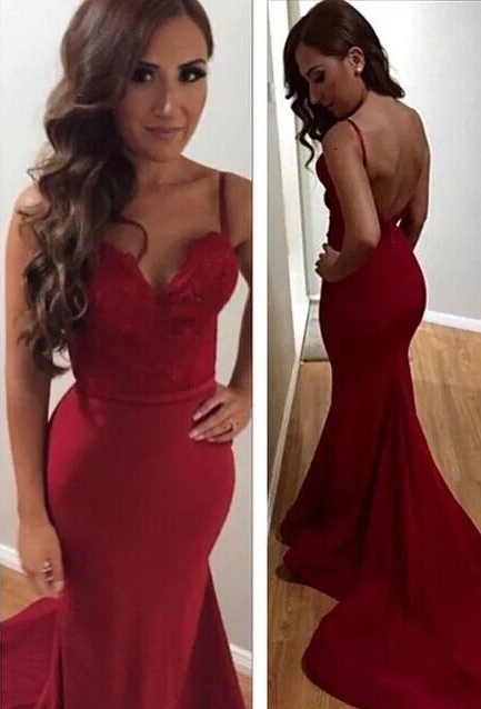 Long Mermaid Prom Dresses Spaghettis Straps Sweetheart Neck Backless Sexy Evening Gowns