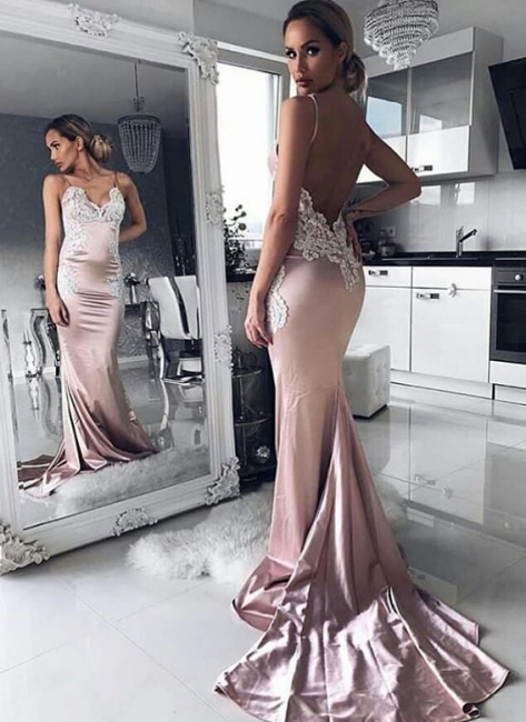 Sexy Pink Mermaid Prom Dresses | Spaghettis Straps Backless Evening Gowns