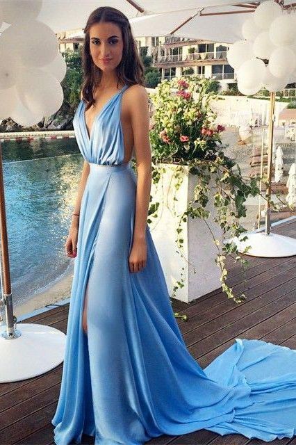 Sky Blue Deep V Neck Prom Dresses | Side Split Backless Chiffon Evening Gowns