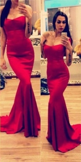 Sweetheart Off The Shoulder Backless Prom Dresses Red Satin Mermaid Party Dresses With Train
