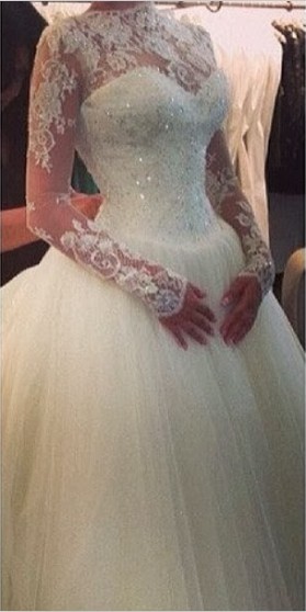 High Neck Top Lace Appliques Beads Crystal Tulle Court Train Long Sleeves Bridal Gowns