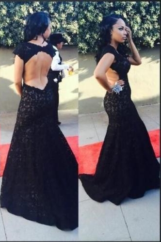 Black Lace Open Back Evening Gowns Capped Sleeves Alluring Long Mermaid Prom Dresses
