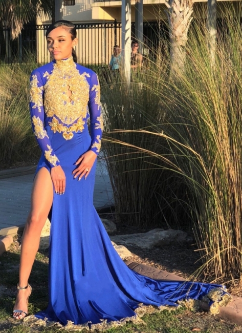 Amazing Royal Blue Prom Dresses High Neck Gold Appliques Slit Evening Gowns