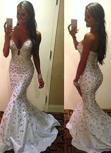 Sexy Diamond Mermaid White Evening Gowns Deep Neck Rhinestones Shiny Prom Dresses