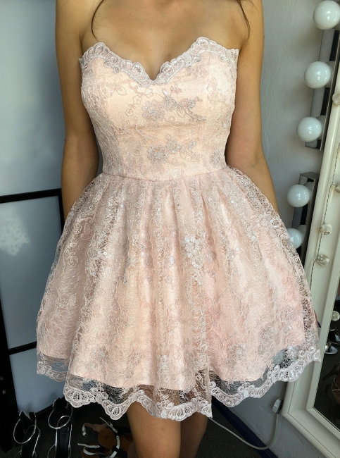Sexy Pink Lace Homecoming Dresses | Sweetheart Sleeveless A-line Mini Cocktail Dresses