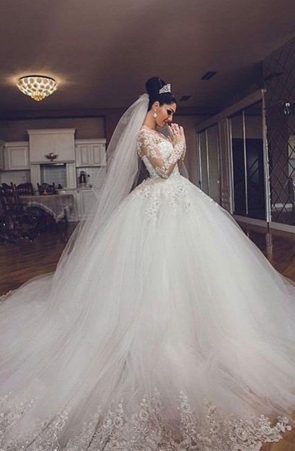 Long-Sleeves Tulle Appliques Ball Luxurious Sweetheart Wedding Dresses