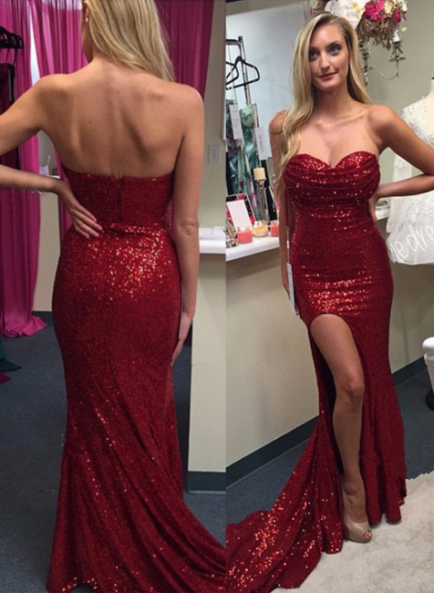 Sexy Red Sequined Sweetheart Prom Dresses Side Slit with Ruffles