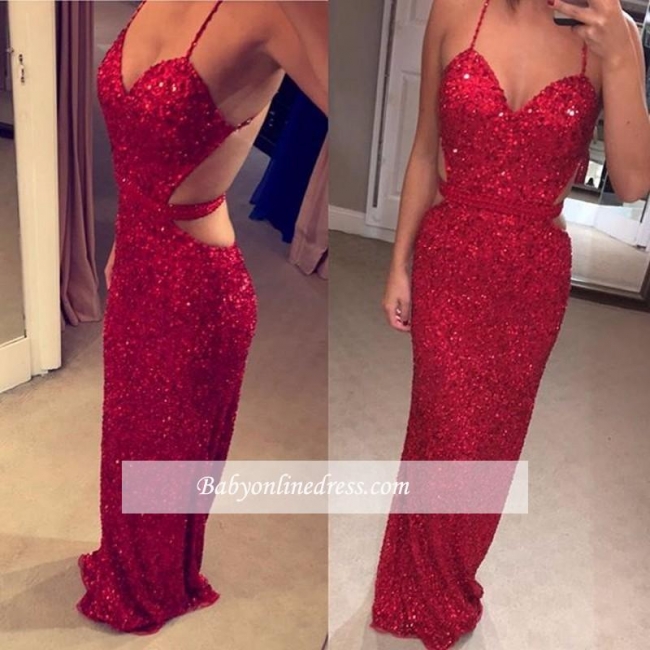 Sexy Red Sheath Open Back Evening Gowns Spaghetti-Straps Sequined Prom Dress