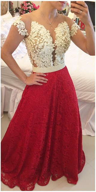 A-Line Short Sleeves Lace Prom Dresses Deep V-Neck illusion Beaded Party Dresses
