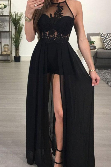 Sexy Halter A-Line Prom Dresses | Black Front Split Evening Dresses
