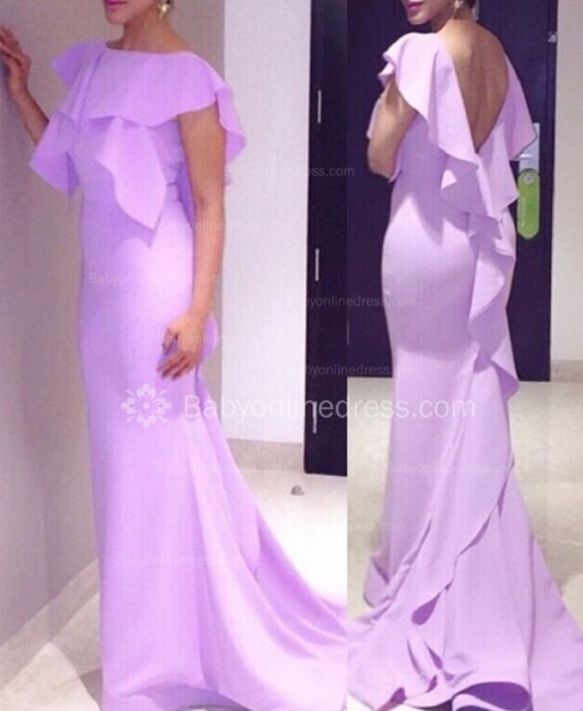 Lilac Ruffles Prom Dresses Backless Court Train Simple Evening Gowns