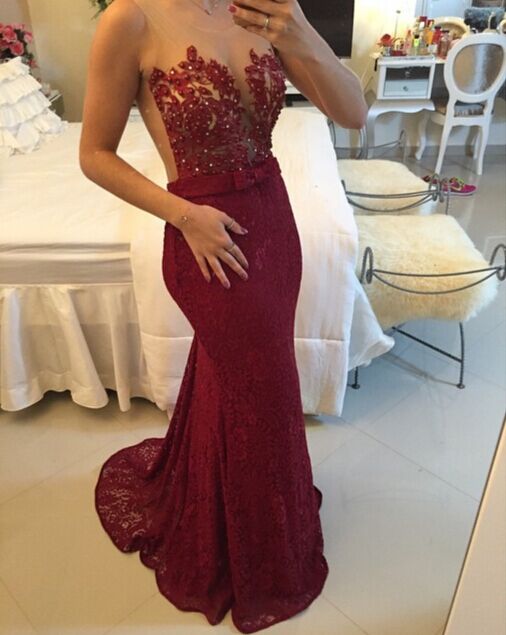 Burgundy Lace Applique Beading Mermaid Prom Dresses Sheer Tulle New Evening Gowns
