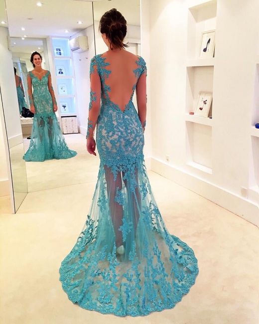 2018 Delicate Lace Sweep Strap Long-Sleeve Mermaid V-neck Prom Dress