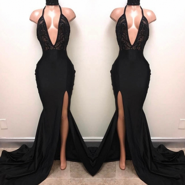 Sexy Black Slit Prom Dresses | Halter V-Neck Evening Gowns ...