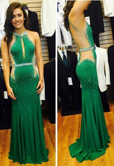 Green Mermaid Prom Dresses Beaded Keyhole Neck Cutaway Sides Chiffon Evening Gowns